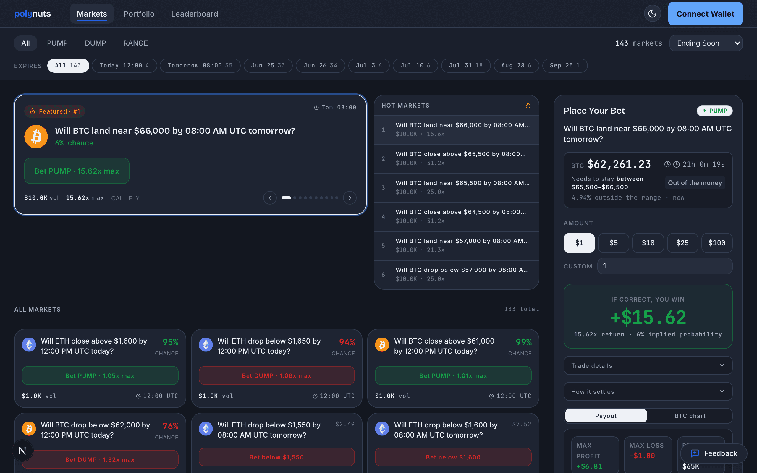 Polynuts bet ticket — choose a stake and see your exact USDC payout and implied probability